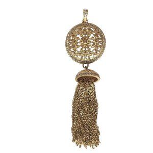 Vintage Gold Tone Medallion Tassel Fringe Pendant Womens Costume Jewelry